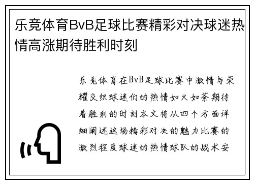 乐竞体育BvB足球比赛精彩对决球迷热情高涨期待胜利时刻